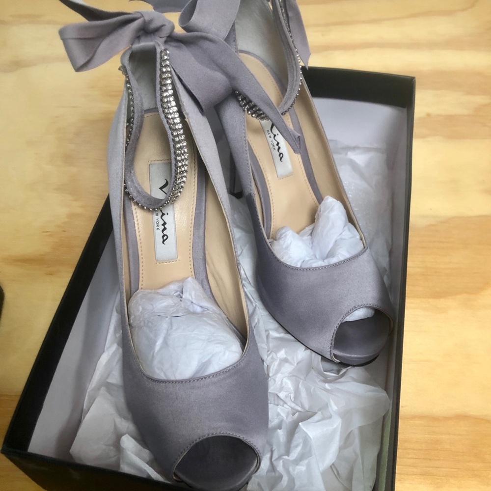 Grey Satin Nina Pumps w Rhinestone Ankle Strap 6.5